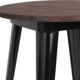 English Elm Commercial Grade 24" Round Metal Indoor Table with Walnut Rustic Wood Top