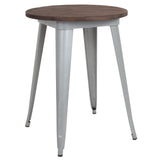 English Elm Commercial Grade 24" Round Metal Indoor Table with Walnut Rustic Wood Top