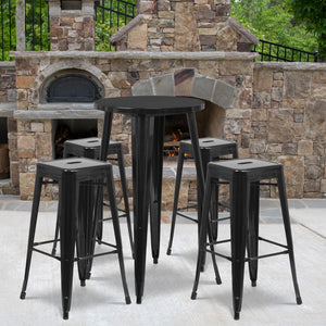 English Elm Commercial Grade Commercial Grade 24" Round Metal Indoor-Outdoor Bar Table Set with 4 Square Seat Backless Stools