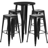 English Elm Commercial Grade Commercial Grade 24" Round Metal Indoor-Outdoor Bar Table Set with 4 Square Seat Backless Stools