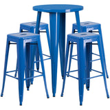 English Elm Commercial Grade Commercial Grade 24" Round Metal Indoor-Outdoor Bar Table Set with 4 Square Seat Backless Stools