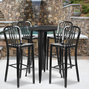 English Elm Commercial Grade Commercial Grade 24" Round Metal Indoor-Outdoor Bar Table Set with 4 Vertical Slat Back Stools