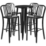 English Elm Commercial Grade Commercial Grade 24" Round Metal Indoor-Outdoor Bar Table Set with 4 Vertical Slat Back Stools