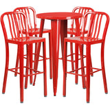 English Elm Commercial Grade Commercial Grade 24" Round Metal Indoor-Outdoor Bar Table Set with 4 Vertical Slat Back Stools