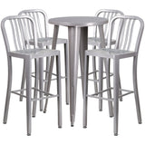 English Elm Commercial Grade Commercial Grade 24" Round Metal Indoor-Outdoor Bar Table Set with 4 Vertical Slat Back Stools