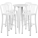 English Elm Commercial Grade Commercial Grade 24" Round Metal Indoor-Outdoor Bar Table Set with 4 Vertical Slat Back Stools