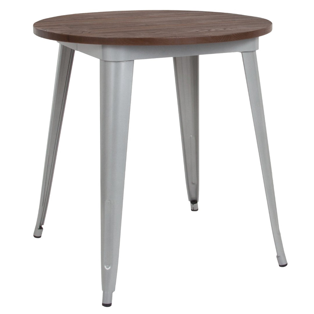 English Elm Commercial Grade 30" Round Metal Indoor Table with Walnut Rustic Wood Top