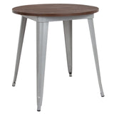 English Elm Commercial Grade 30" Round Metal Indoor Table with Walnut Rustic Wood Top