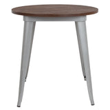 English Elm Commercial Grade 30" Round Metal Indoor Table with Walnut Rustic Wood Top