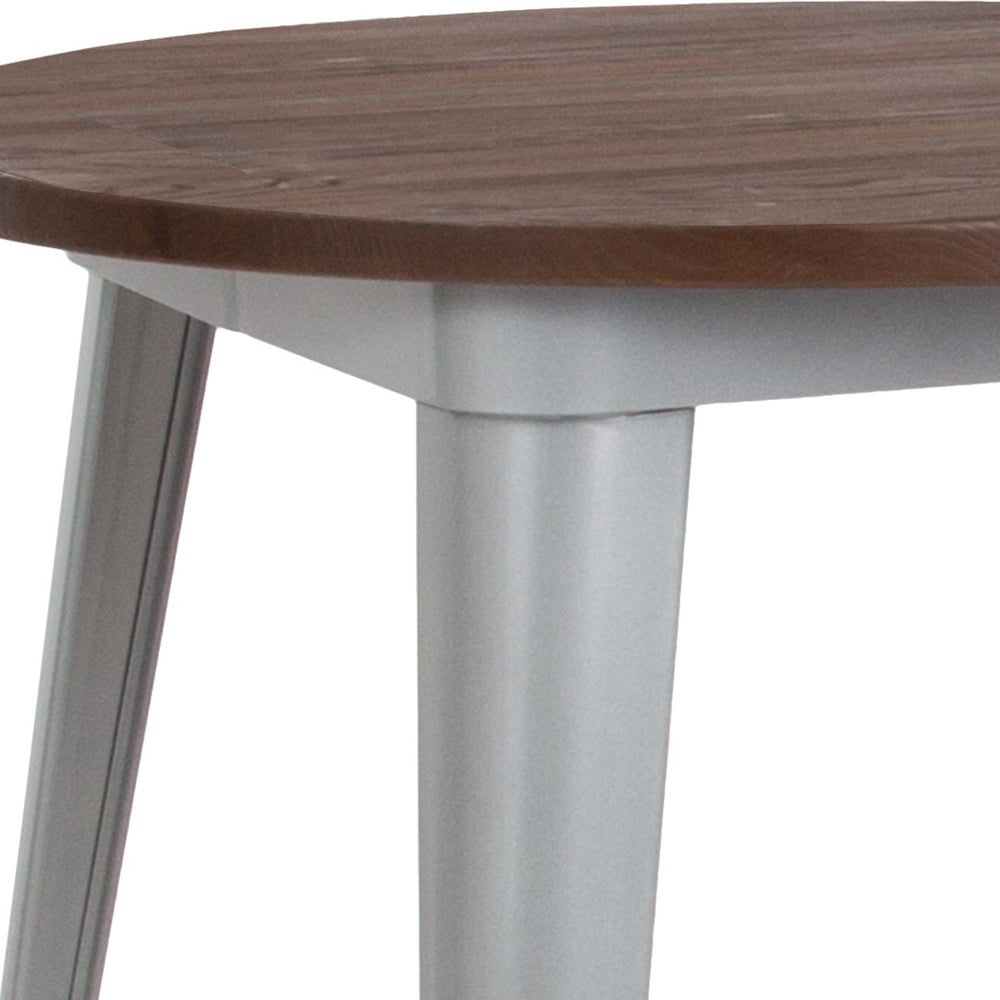 English Elm Commercial Grade 30" Round Metal Indoor Table with Walnut Rustic Wood Top