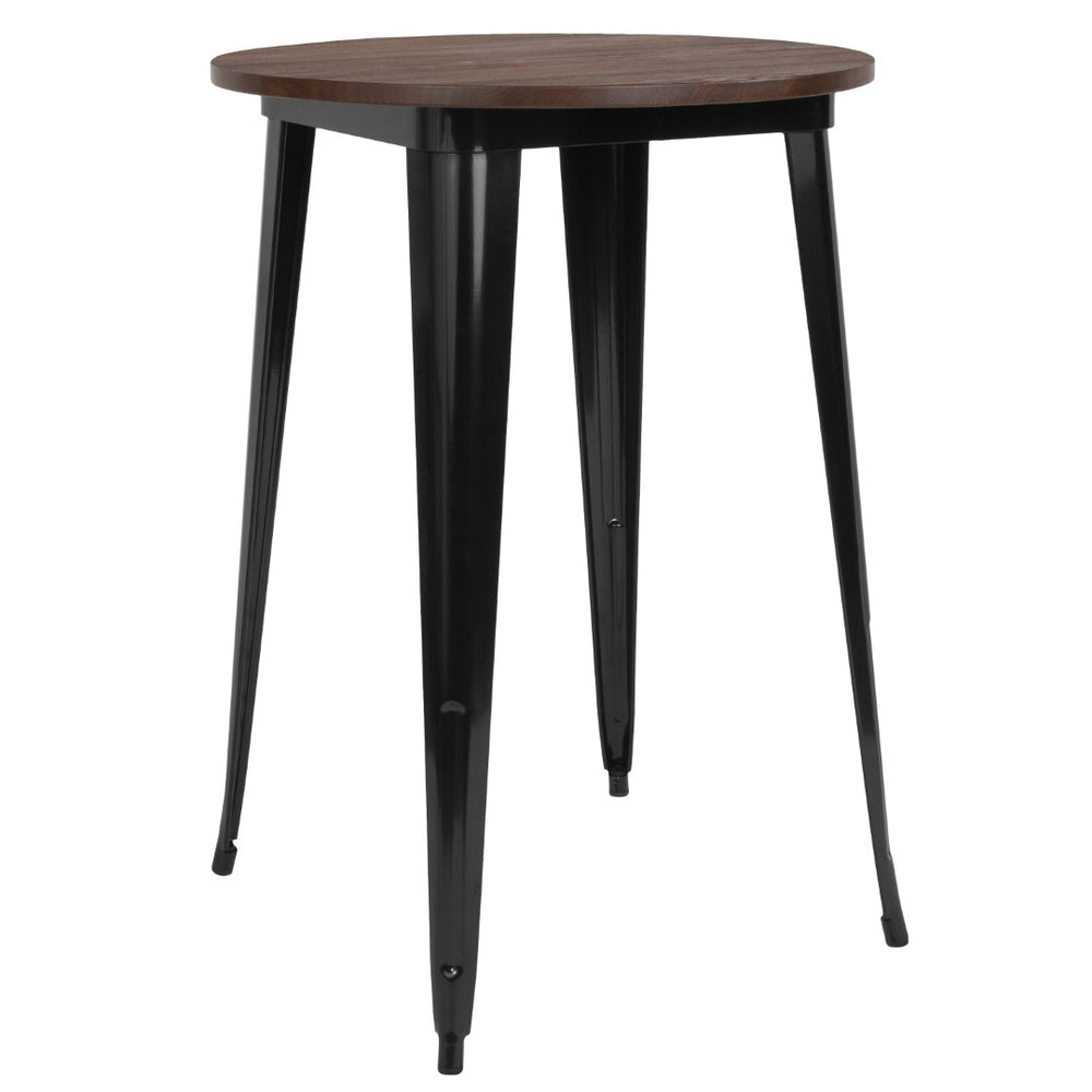 English Elm Commercial Grade 30" Round Metal Indoor Bar Height Table with Walnut Rustic Wood Top