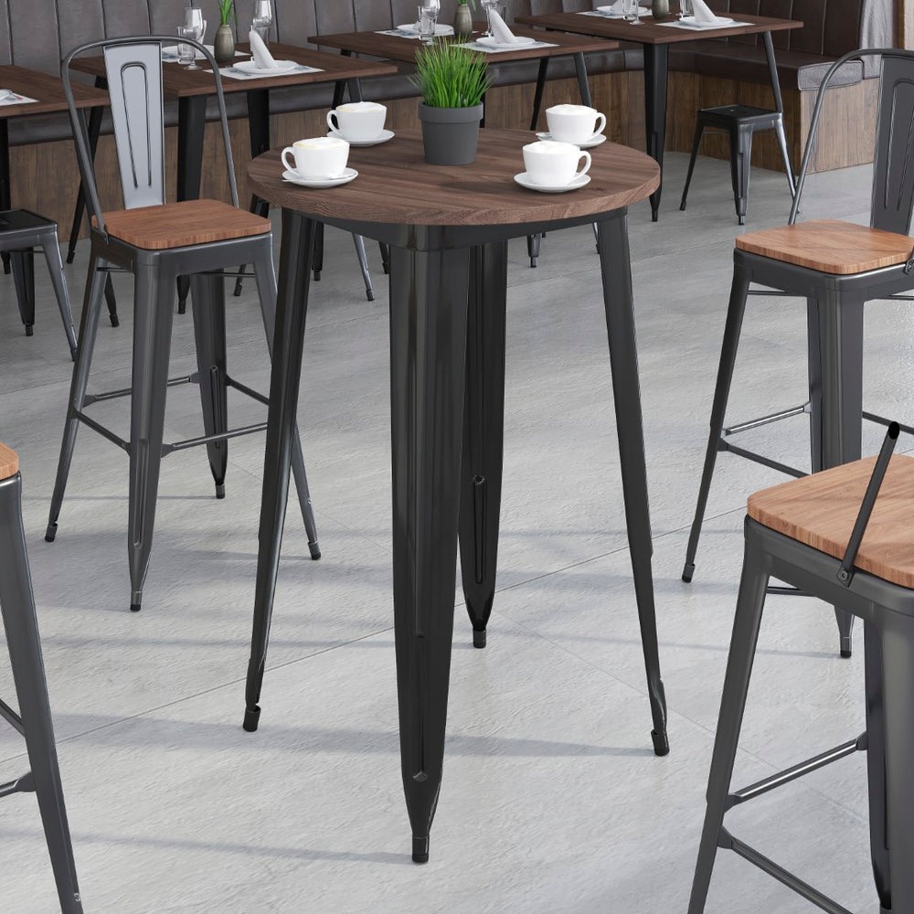 English Elm Commercial Grade 30" Round Metal Indoor Bar Height Table with Walnut Rustic Wood Top