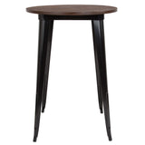 English Elm Commercial Grade 30" Round Metal Indoor Bar Height Table with Walnut Rustic Wood Top