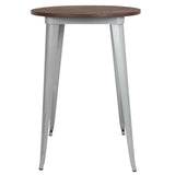 English Elm Commercial Grade 30" Round Metal Indoor Bar Height Table with Walnut Rustic Wood Top