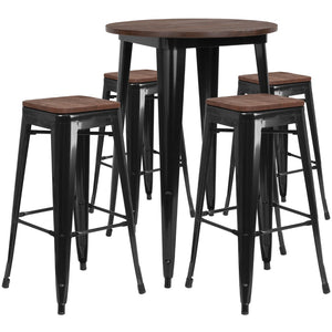 English Elm Commercial Grade 30" Round Metal Bar Table Set with Wood Top and 4 Backless Stools