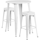 English Elm Commercial Grade Commercial Grade 30" Round Metal Indoor-Outdoor Bar Table Set with 2 Square Seat Backless Stools