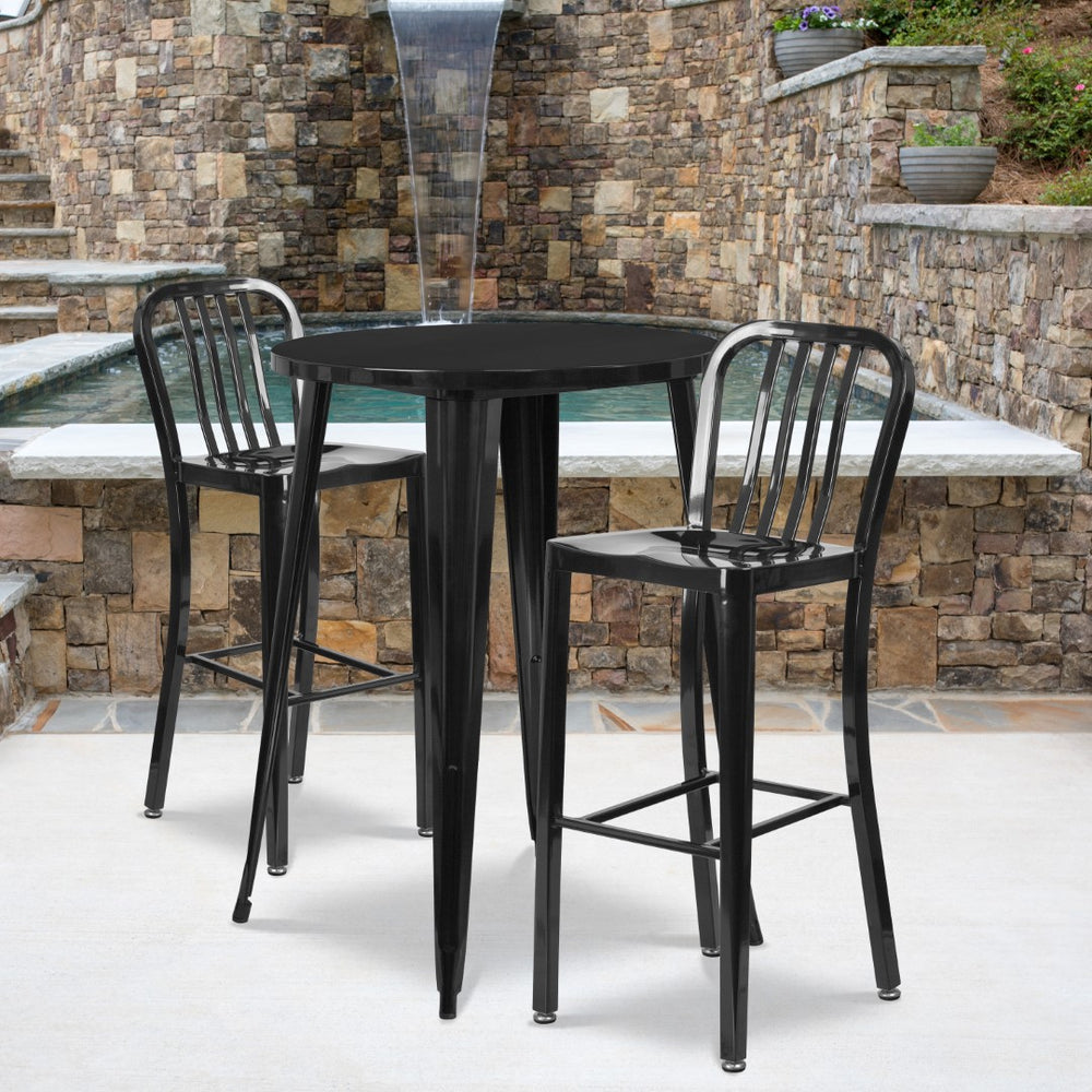 English Elm Commercial Grade Commercial Grade 30" Round Metal Indoor-Outdoor Bar Table Set with 2 Vertical Slat Back Stools