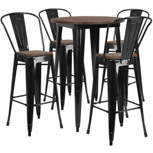 English Elm Commercial Grade 30" Round Metal Bar Table Set with Wood Top and 4 Stools