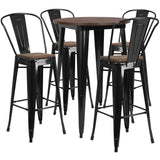 English Elm Commercial Grade 30" Round Metal Bar Table Set with Wood Top and 4 Stools