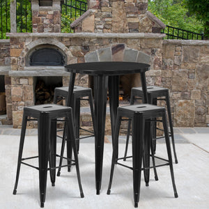 English Elm Commercial Grade Commercial Grade 30" Round Metal Indoor-Outdoor Bar Table Set with 4 Square Seat Backless Stools