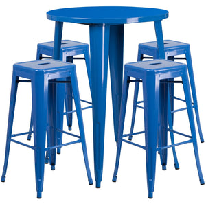 English Elm Commercial Grade Commercial Grade 30" Round Metal Indoor-Outdoor Bar Table Set with 4 Square Seat Backless Stools