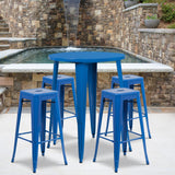 English Elm Commercial Grade Commercial Grade 30" Round Metal Indoor-Outdoor Bar Table Set with 4 Square Seat Backless Stools