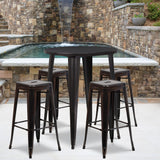 English Elm Commercial Grade Commercial Grade 30" Round Metal Indoor-Outdoor Bar Table Set with 4 Square Seat Backless Stools