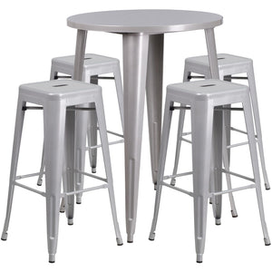 English Elm Commercial Grade Commercial Grade 30" Round Metal Indoor-Outdoor Bar Table Set with 4 Square Seat Backless Stools