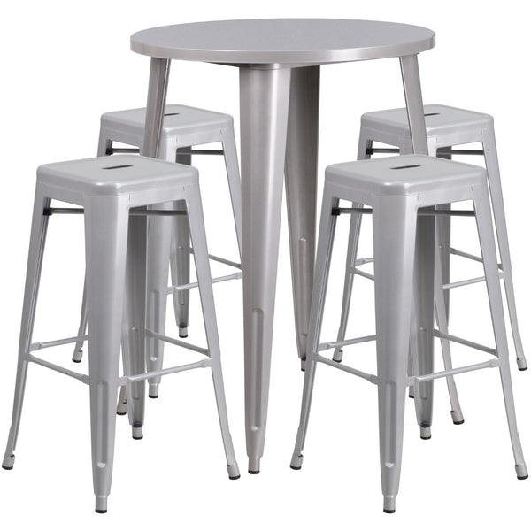 English Elm Commercial Grade Commercial Grade 30" Round Metal Indoor-Outdoor Bar Table Set with 4 Square Seat Backless Stools