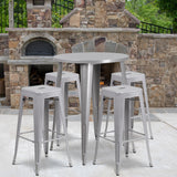 English Elm Commercial Grade Commercial Grade 30" Round Metal Indoor-Outdoor Bar Table Set with 4 Square Seat Backless Stools