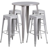 English Elm Commercial Grade Commercial Grade 30" Round Metal Indoor-Outdoor Bar Table Set with 4 Square Seat Backless Stools