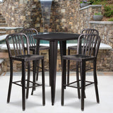 English Elm Commercial Grade Commercial Grade 30" Round Metal Indoor-Outdoor Bar Table Set with 4 Vertical Slat Back Stools