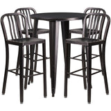 English Elm Commercial Grade Commercial Grade 30" Round Metal Indoor-Outdoor Bar Table Set with 4 Vertical Slat Back Stools