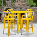 English Elm Commercial Grade Commercial Grade 30" Round Metal Indoor-Outdoor Bar Table Set with 4 Vertical Slat Back Stools