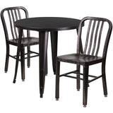 English Elm Commercial Grade Commercial Grade 30" Round Metal Indoor-Outdoor Table Set with 2 Vertical Slat Back Chairs