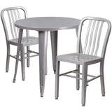 English Elm Commercial Grade Commercial Grade 30" Round Metal Indoor-Outdoor Table Set with 2 Vertical Slat Back Chairs