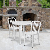 English Elm Commercial Grade Commercial Grade 30" Round Metal Indoor-Outdoor Table Set with 2 Vertical Slat Back Chairs