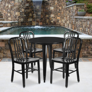 English Elm Commercial Grade Commercial Grade 30" Round Metal Indoor-Outdoor Table Set with 4 Vertical Slat Back Chairs