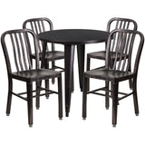 English Elm Commercial Grade Commercial Grade 30" Round Metal Indoor-Outdoor Table Set with 4 Vertical Slat Back Chairs