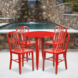 English Elm Commercial Grade Commercial Grade 30" Round Metal Indoor-Outdoor Table Set with 4 Vertical Slat Back Chairs