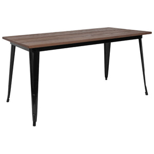 English Elm Commercial Grade 30.25" x 60" Rectangular Metal Indoor Table with Walnut Rustic Wood Top