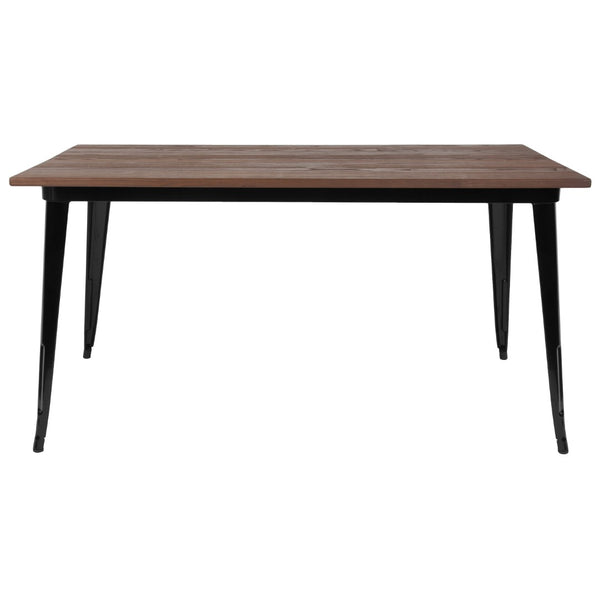 English Elm Commercial Grade 30.25" x 60" Rectangular Metal Indoor Table with Walnut Rustic Wood Top