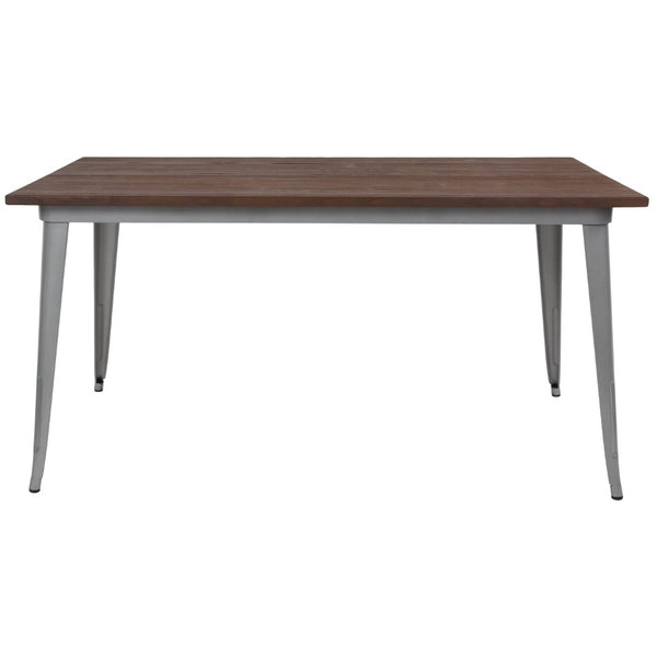 English Elm Commercial Grade 30.25" x 60" Rectangular Metal Indoor Table with Walnut Rustic Wood Top