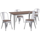 English Elm Commercial Grade 30.25" x 60" Metal Table Set with Wood Top and 4 Stack Chairs