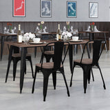 English Elm Commercial Grade 30.25" x 60" Metal Table Set with Wood Top and 4 Stack Chairs