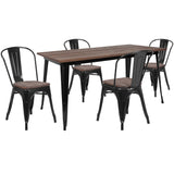 English Elm Commercial Grade 30.25" x 60" Metal Table Set with Wood Top and 4 Stack Chairs