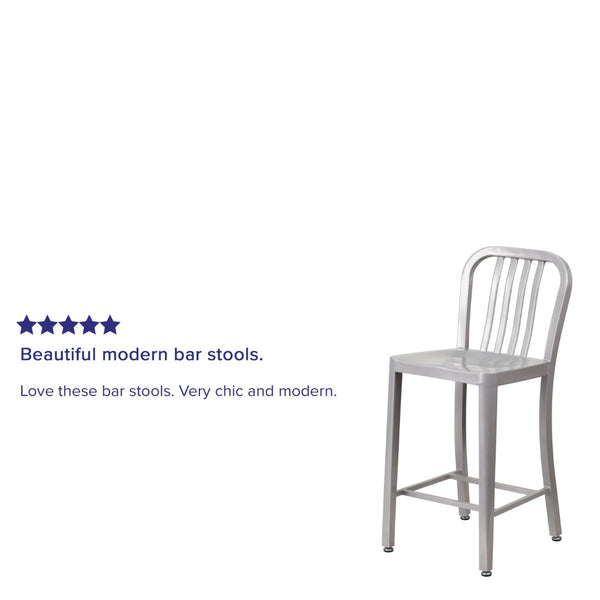 English Elm Commercial Grade Commercial Grade 24" High Metal Indoor-Outdoor Counter Height Stool with Vertical Slat Back