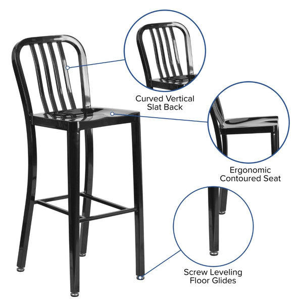English Elm Commercial Grade Commercial Grade 30" High Metal Indoor-Outdoor Barstool with Vertical Slat Back