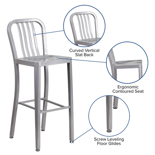 English Elm Commercial Grade Commercial Grade 30" High Metal Indoor-Outdoor Barstool with Vertical Slat Back