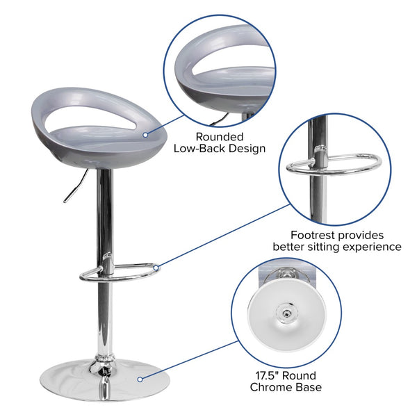 English Elm Contemporary Plastic Adjustable Height Barstool with Rounded Cutout Back and Chrome Base